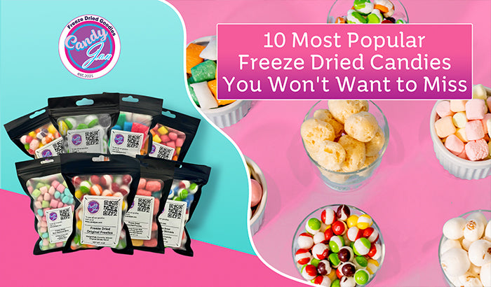 Assortment of freeze-dried candies in black packaging bags with a background featuring various colorful candies.