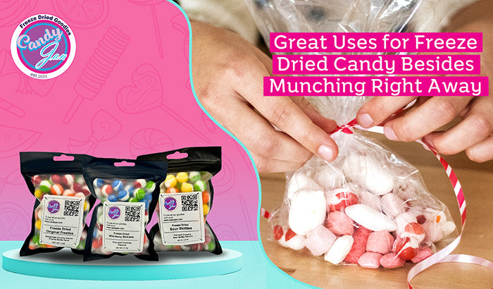 A colorful assortment of freeze-dried candies, showcasing innovative uses for freeze-dried Milk Duds and other treats.