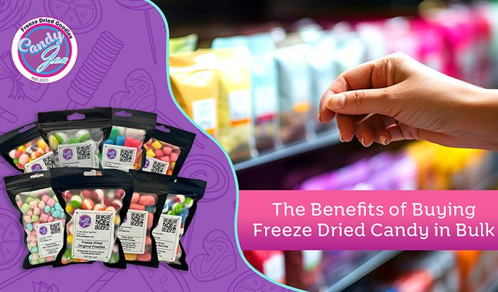 A visual representation highlighting the advantages of purchasing freeze-dried candy, including Charleston Chew and Skittles in bulk.