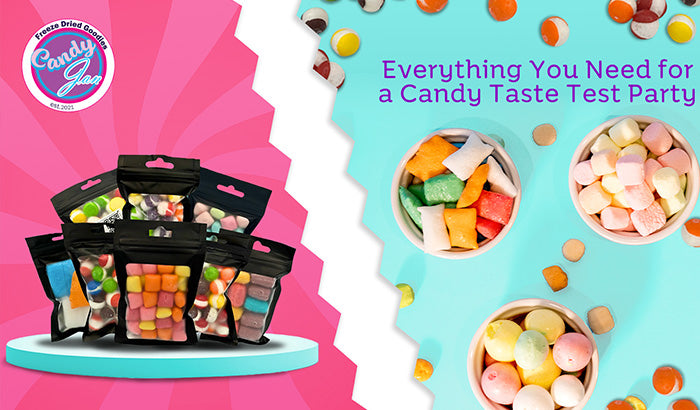 An engaging candy test party featuring a diverse selection of candies, with attendees tasting and discussing their favorites.