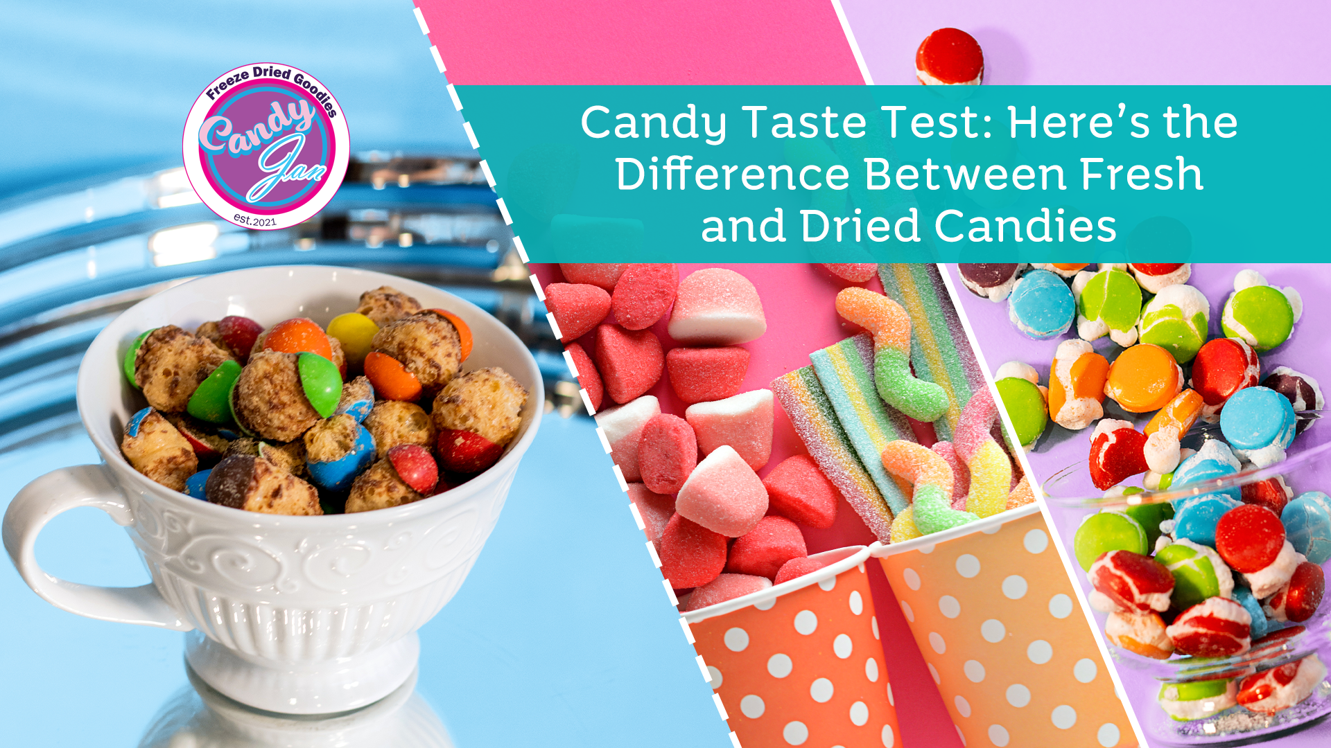 Assorted colorful fresh and dried candies in bowls and cups
