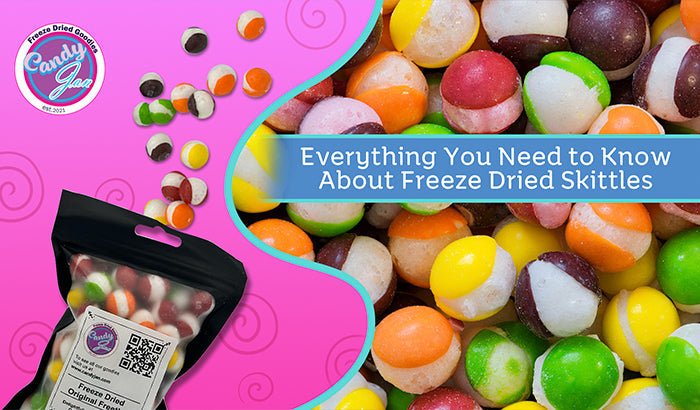Colorful candy on a pink background: Freeze-Dried Skittles, Skittles, Freeze-Dried Candy.