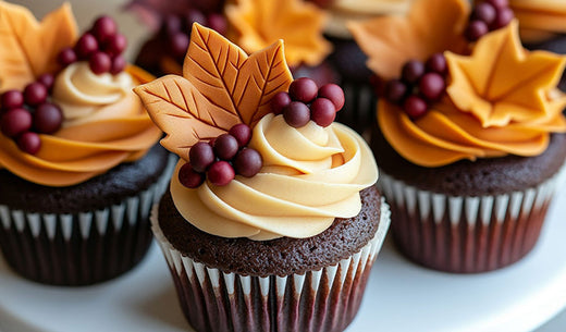 A close-up of cupcakes adorned with vibrant autumn leaves, showcasing fall baking and freeze-dried candy decorations.