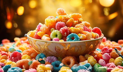 A vibrant bowl of colorful cereal illuminated by bright light, showcasing an enticing assortment of freeze-dried candy.