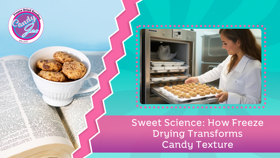 Cup of freeze-dried cookies on an open book next to a woman handling trays of cookies in a freeze-drying machine.