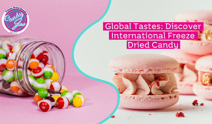 Global frozen candy with international flavors, made using freeze-drying technique, including freeze-dried fruits.