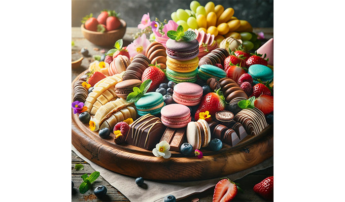 A wooden platter with assorted chocolates and fruits, including Freeze Dried Milk Duds and candies