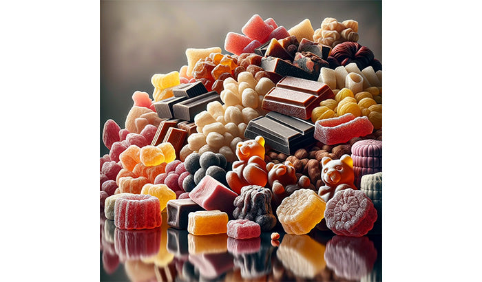 Freeze dried candies and other sweet treats in a colorful pile