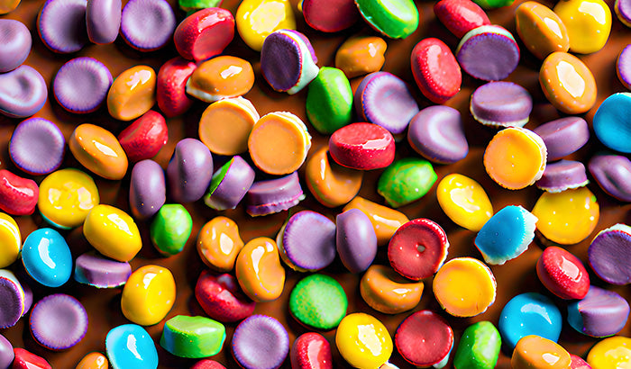 Colorful freeze dried candy assortment in close-up view.