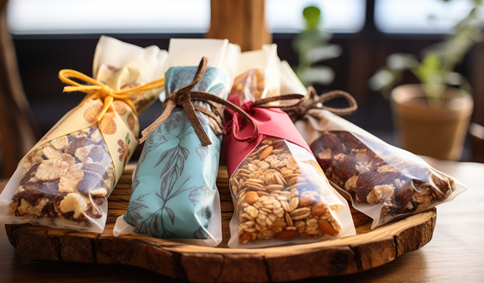 A wooden tray with a bag of nuts and dried fruit, a healthy and delicious snack option.