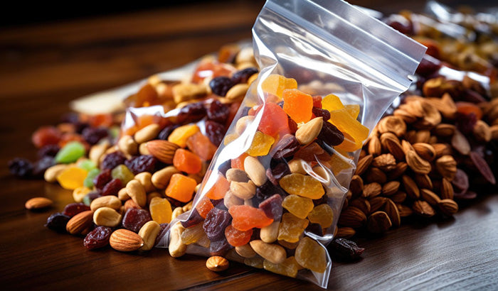 A bag of mixed nuts and dried fruit, a healthy and delicious snack option.
